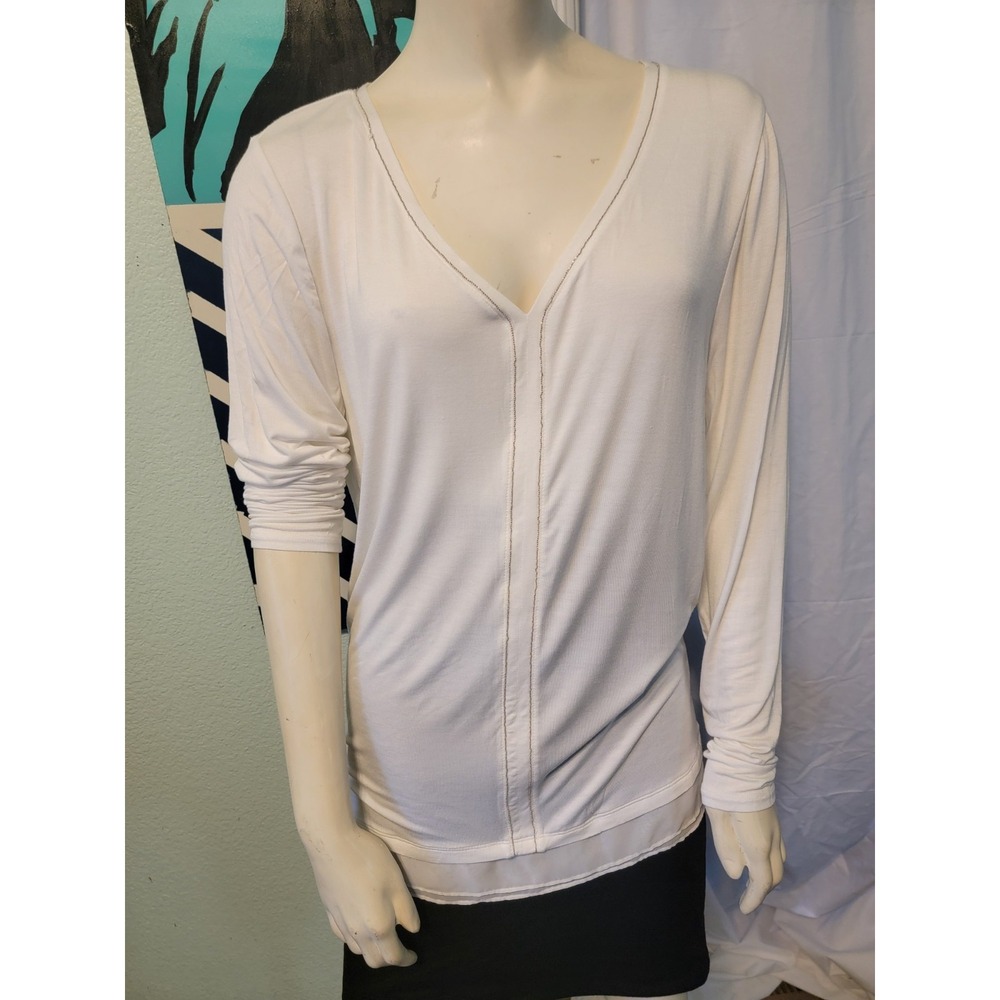 White House Black Market Long Sleeve Silver Bead Trim Blouse Long‎ Length Large - Picture 3 of 11